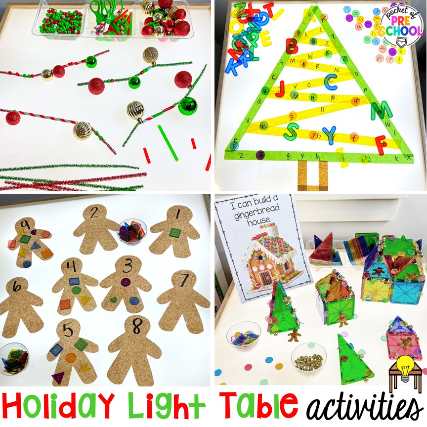 Christmas and gingerbread light table activities for preschool, pre-k, and kindergarten students. These are perfect for the holidays.
