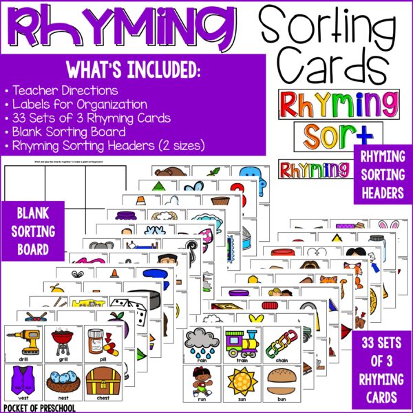 Practice rhymes with your preschool, pre-k, and kindergarten students with these fun rhyming sorting cards.