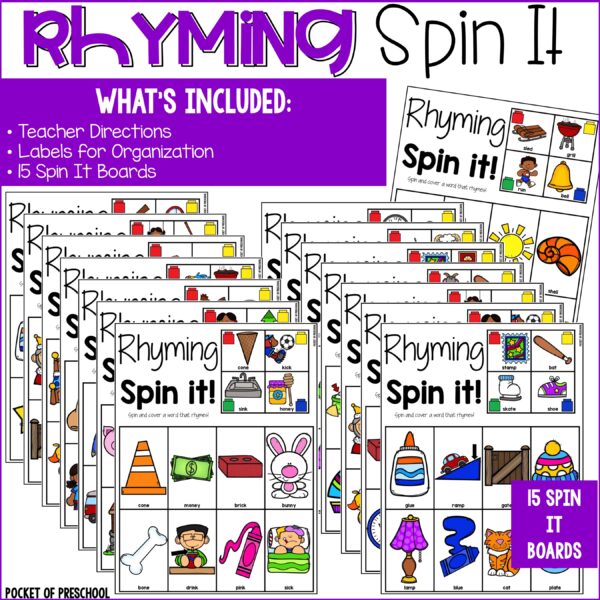 Practice rhymes with your preschool, pre-k, and kindergarten students with these fun rhyming spin it mats.