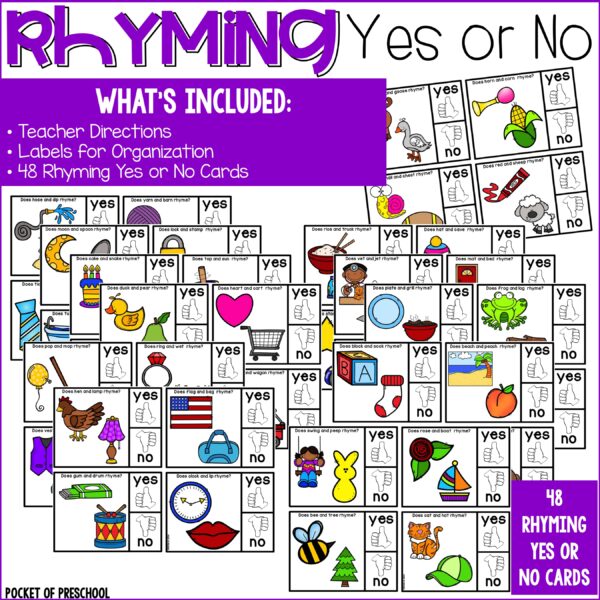 Practice rhymes with your preschool, pre-k, and kindergarten students with these fun rhyming yes or no cards.