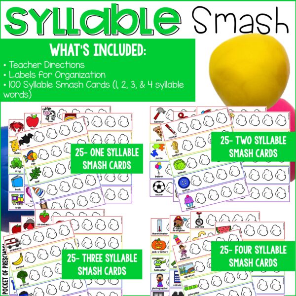 Practice syllables with preschool, pre-k, and kindergarten students with these fun play dough smash mats.