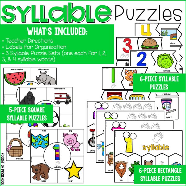 Practice syllables with preschool, pre-k, and kindergarten students with these fun syllable puzzles.