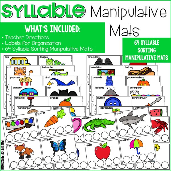 Practice syllables with preschool, pre-k, and kindergarten students with these fun manipulative mats.