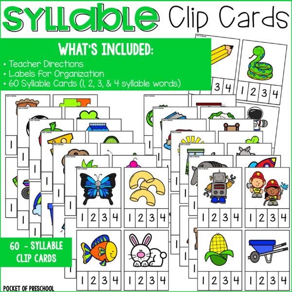 Practice syllables with preschool, pre-k, and kindergarten students with these fun clip cards.