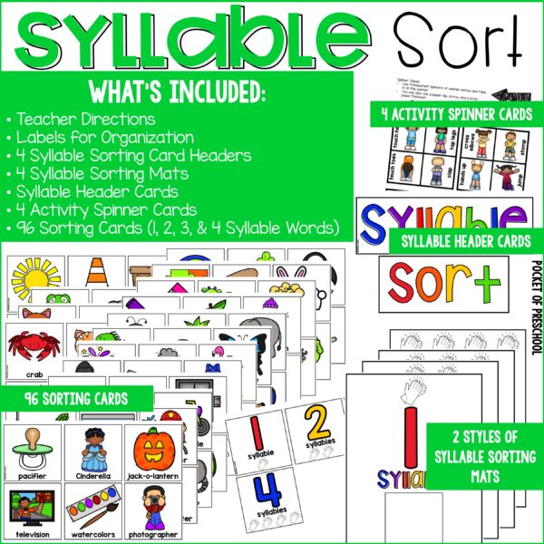 Practice syllables with preschool, pre-k, and kindergarten students with these fun syllable sorting games and cards.
