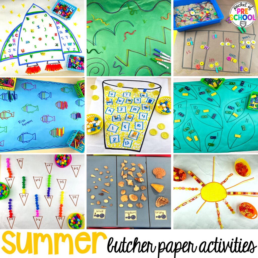 Summer butcher paper activities for literacy, math, and fine motor for preschool, pre-k, and kindergarten.
