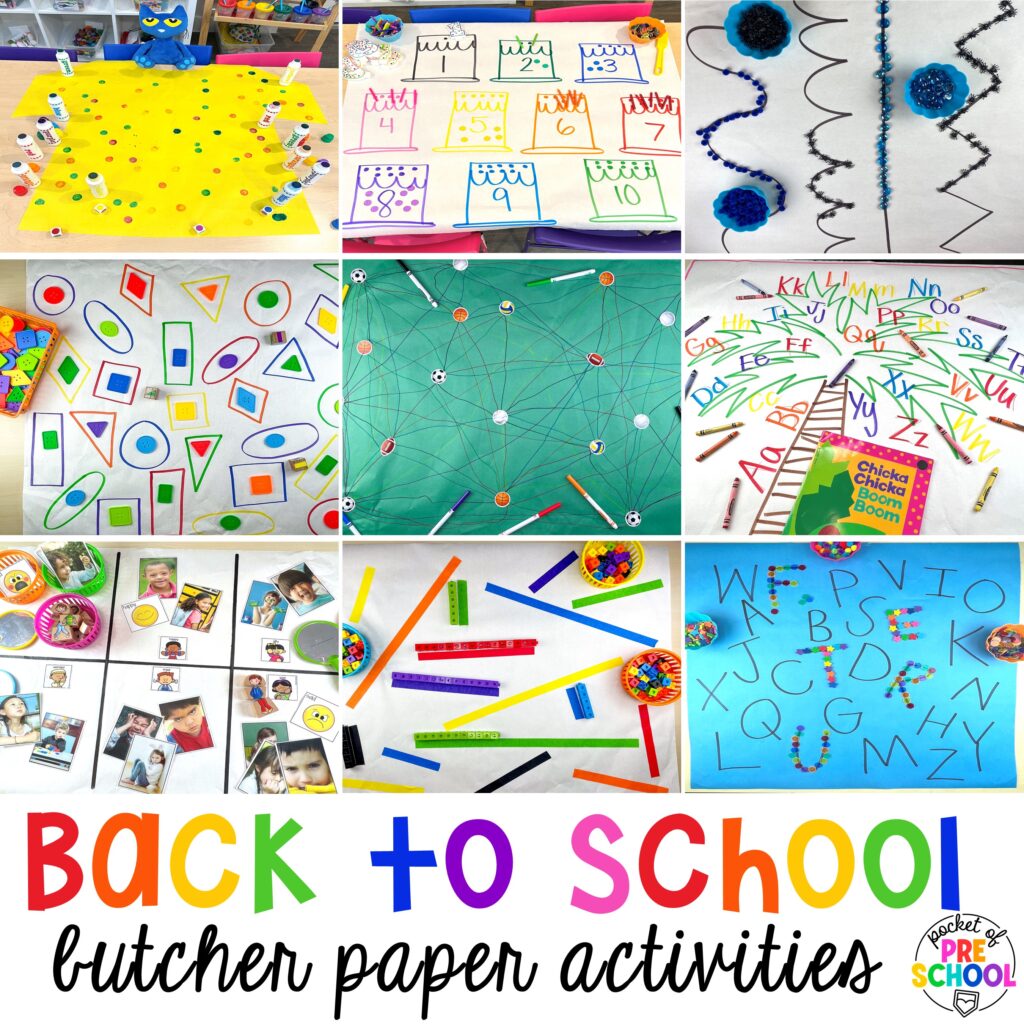 Back to school butcher paper activities for preschool, pre-k, and kindergarten students to practice literacy, math, and fine motor skills.