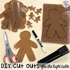 Gingerbread cutouts for the light table plus more Christmas and gingerbread light table activities for preschool, pre-k, and kindergarten students. These are perfect for the holidays.