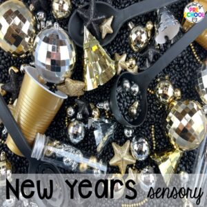 New years sensory bin plus more New Year activities and centers for preschool, pre-k, and kindergarten students.