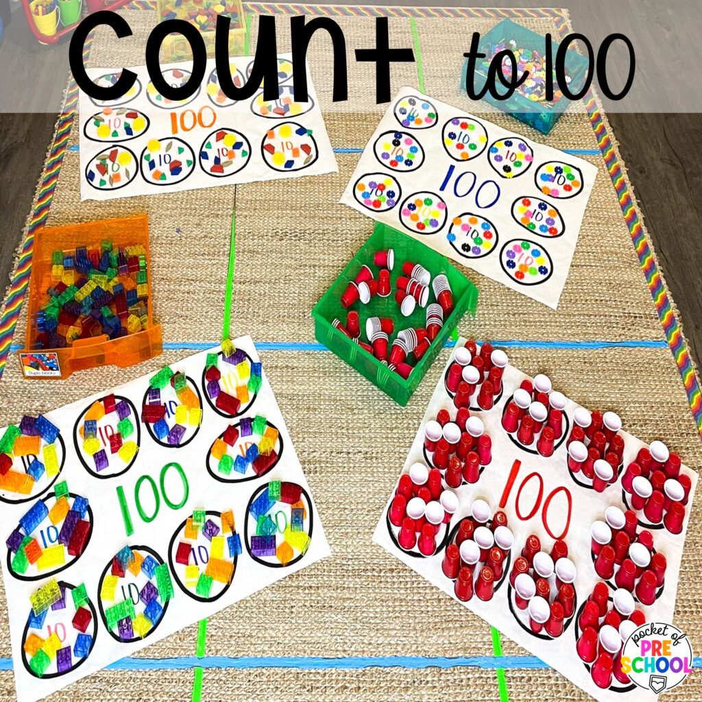 Count to 100 plus more math butcher paper activities for preschool, pre-k, and kindergarten students to move and explore while learning.