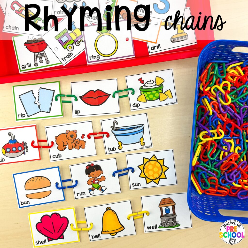 Rhyming chains plus more rhyming activities for preschool, pre-k, and kindergarten students that are hands-on, engaging, and educational.