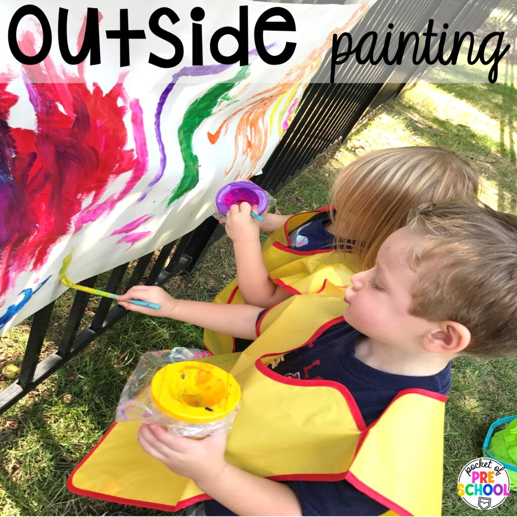 Outside painting plus more ideas for your spring butcher paper activities for math, literacy, and writing skills for preschool, pre-k, and kindergarten students. ur spring butcher paper activities for math, literacy, and writing skills for preschool, pre-k, and kindergarten students.