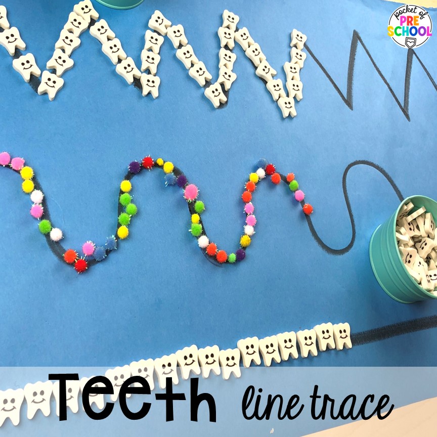 Teeth line trace and more ideas for winter butcher paper activities for preschool, pre-k, and kindergarten students.