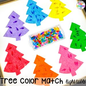 Tree color match activity plus more Christmas and gingerbread light table activities for preschool, pre-k, and kindergarten students. These are perfect for the holidays.