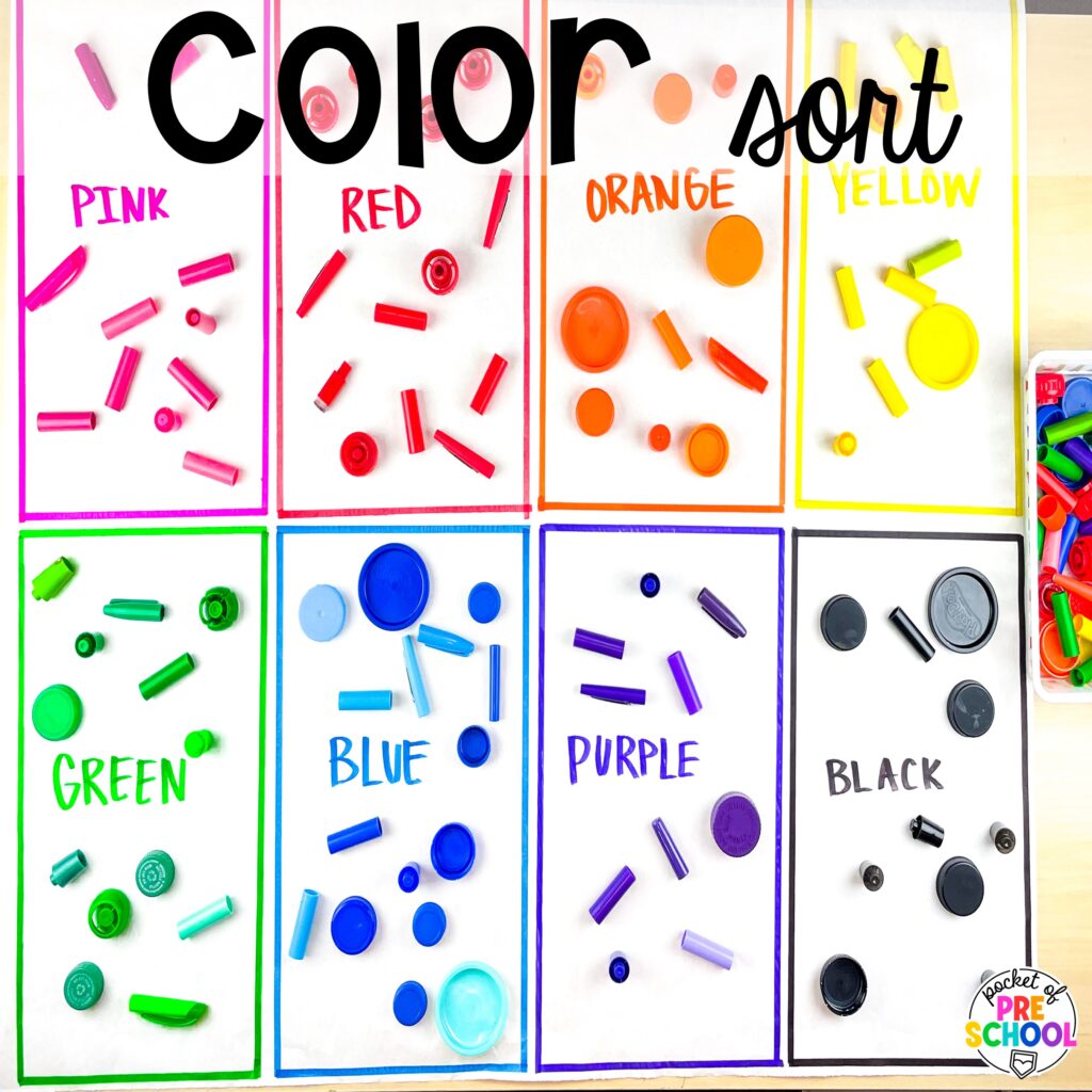 Color Sort plus more math butcher paper activities for preschool, pre-k, and kindergarten students to move and explore while learning.
