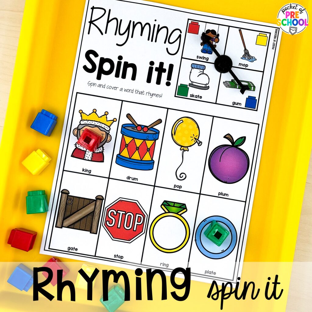 Rhyming spin it plus more rhyming activities for preschool, pre-k, and kindergarten students that are hands-on, engaging, and educational.
