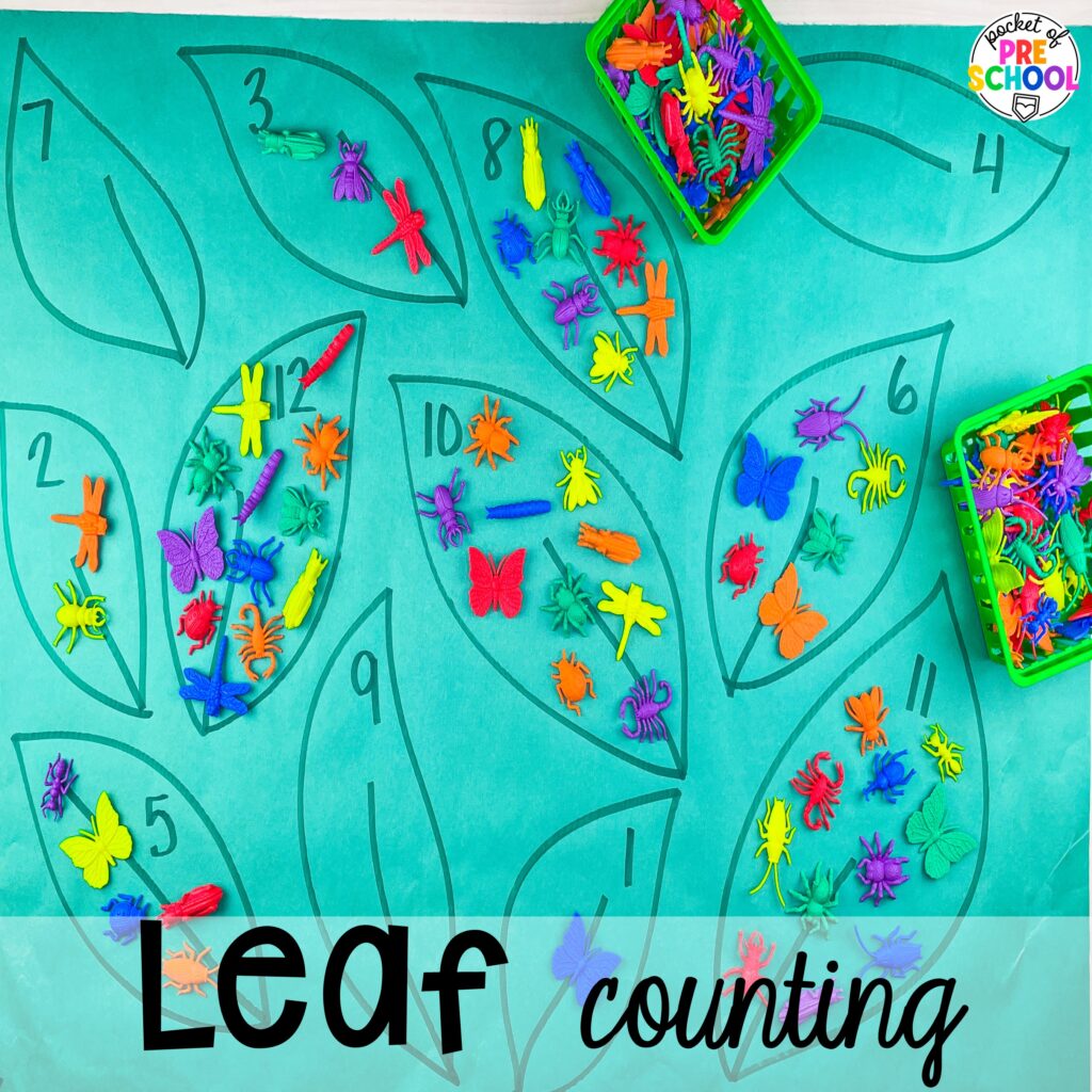 Leaf counting plus more summer butcher paper activities for literacy, math, and fine motor for preschool, pre-k, and kindergarten.