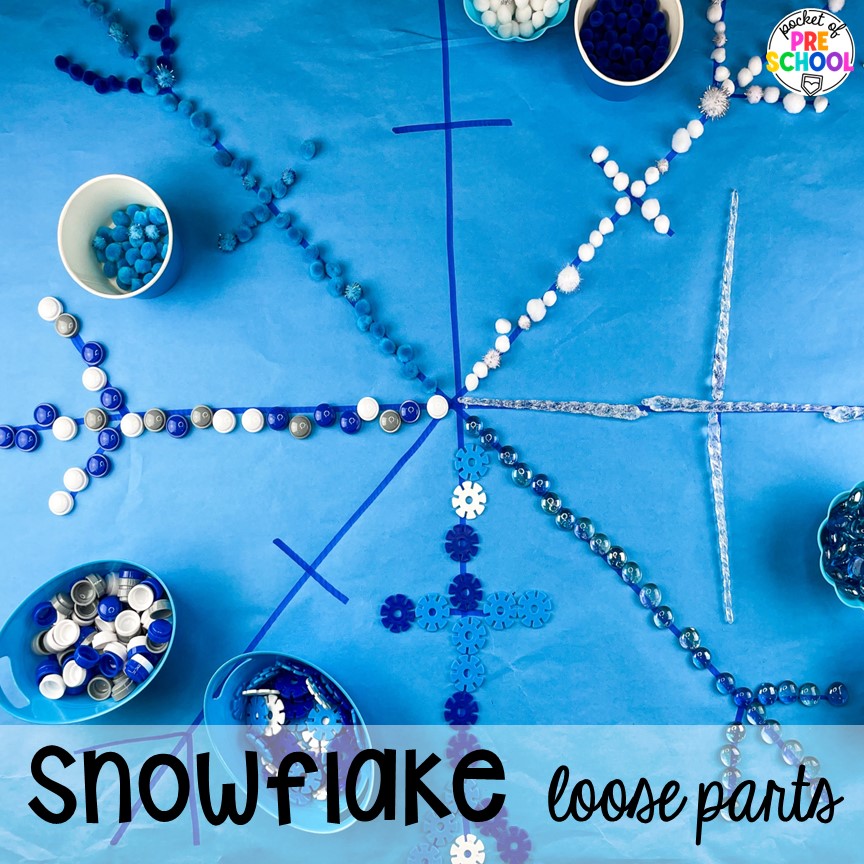 Snowflake loose parts and more ideas for winter butcher paper activities for preschool, pre-k, and kindergarten students.