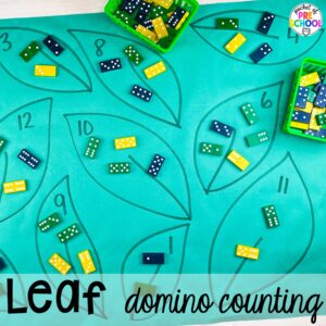 Leaf domino counting plus more summer butcher paper activities for literacy, math, and fine motor for preschool, pre-k, and kindergarten.