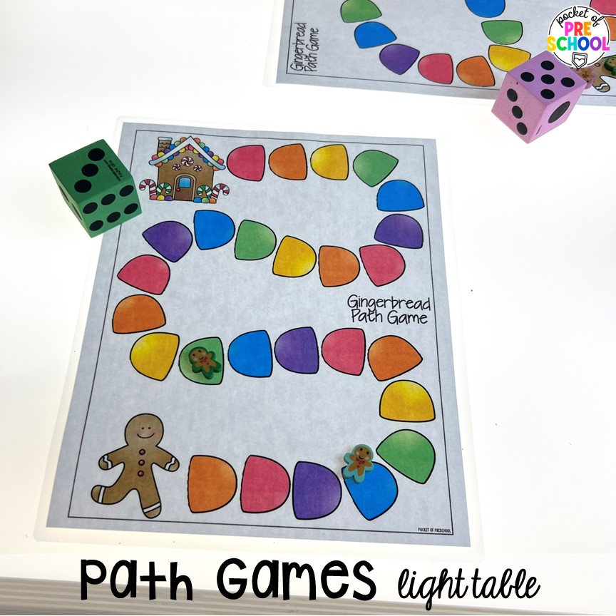 Gingerbread path games plus more Christmas and gingerbread light table activities for preschool, pre-k, and kindergarten students. These are perfect for the holidays.