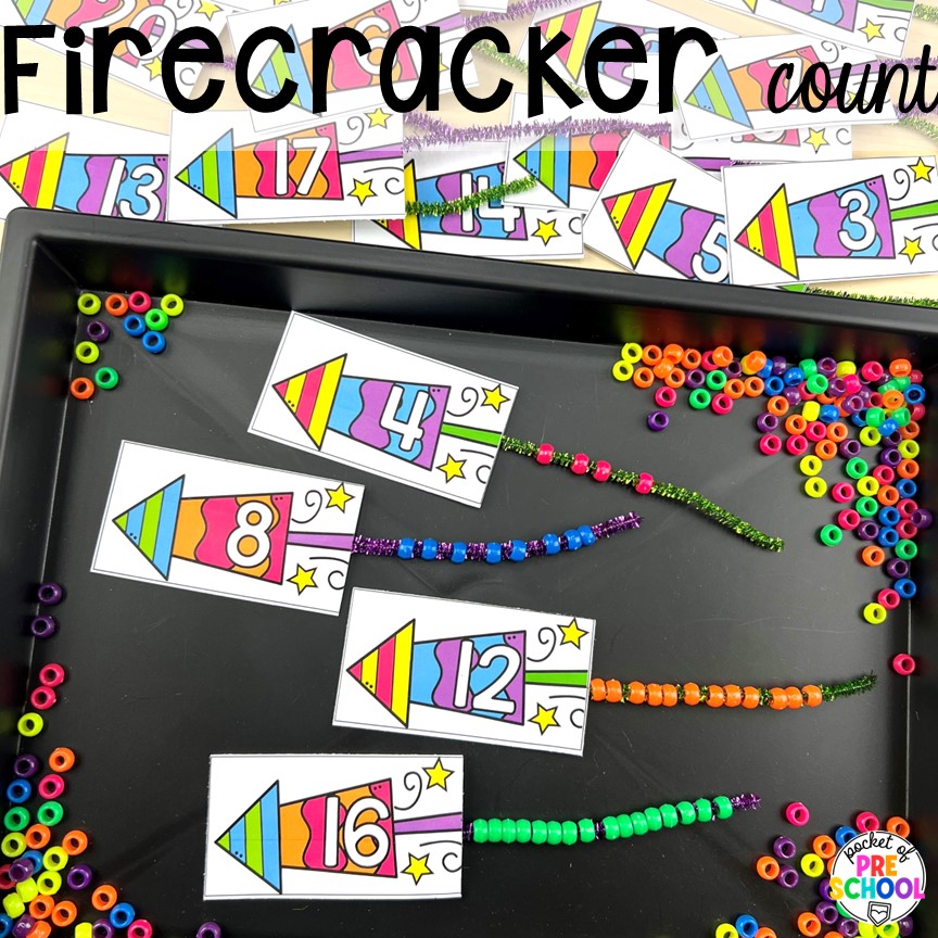 Firecracker counting game plus more New Year activities and centers for preschool, pre-k, and kindergarten students.