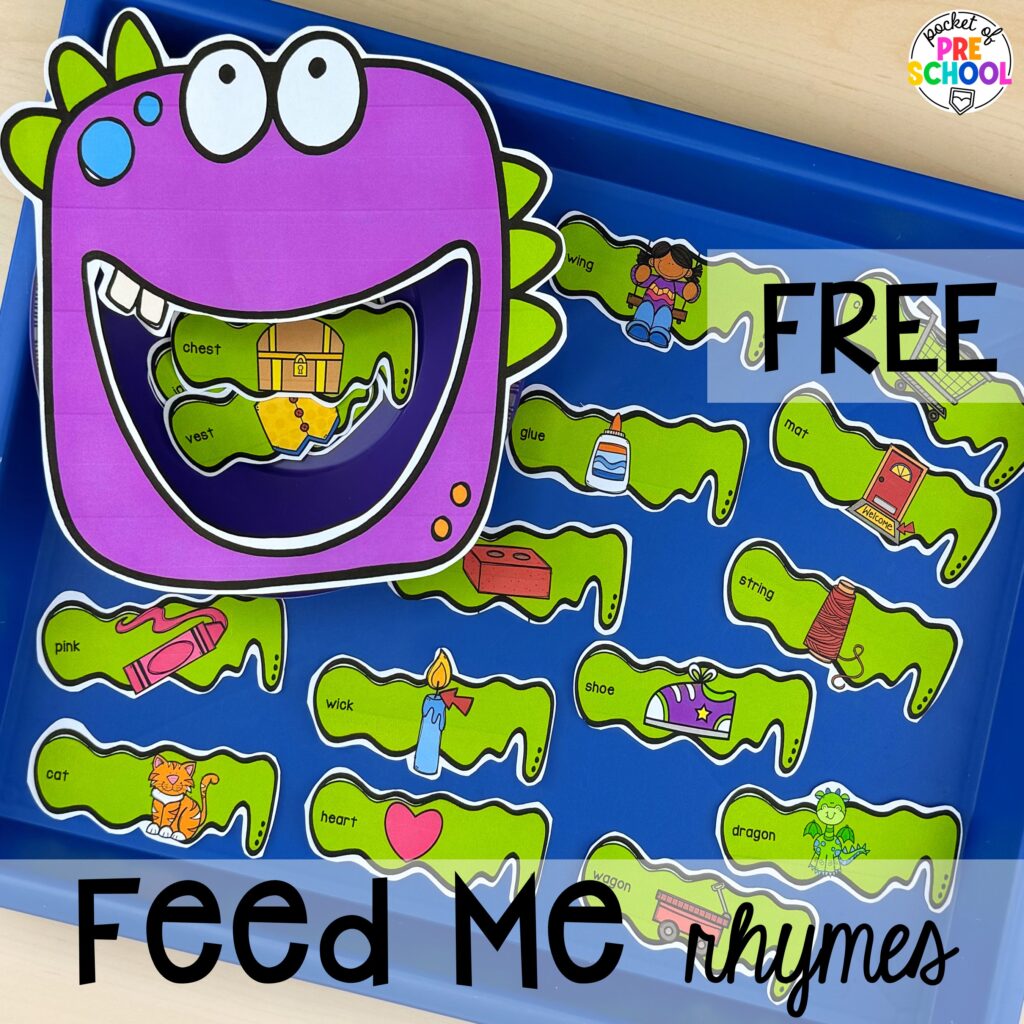 Free rhyming feed me game plus more rhyming activities for preschool, pre-k, and kindergarten students that are hands-on, engaging, and educational.