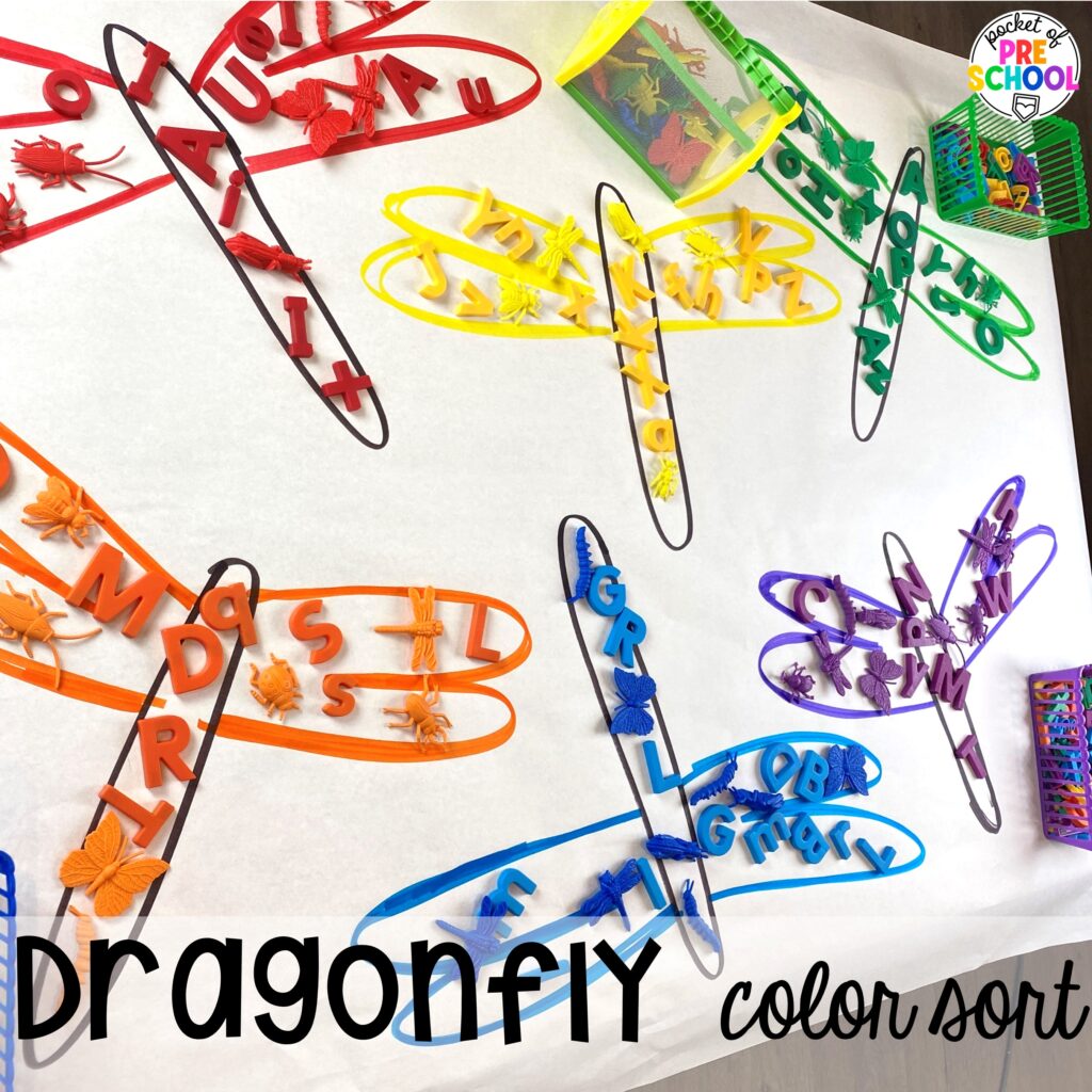 Dragonfly color sort plus more ideas for your spring butcher paper activities for math, literacy, and writing skills for preschool, pre-k, and kindergarten students.
