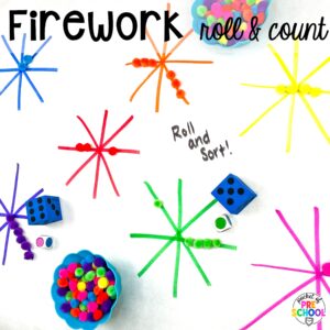 Firework roll & count plus more summer butcher paper activities for literacy, math, and fine motor for preschool, pre-k, and kindergarten.
