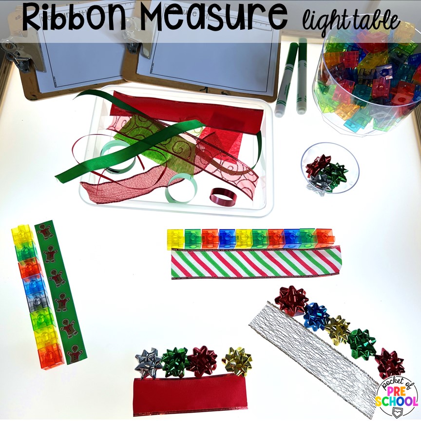Ribbon measuring activity plus more Christmas and gingerbread light table activities for preschool, pre-k, and kindergarten students. These are perfect for the holidays.