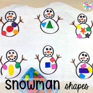 Snowman shapes and more ideas for winter butcher paper activities for preschool, pre-k, and kindergarten students.