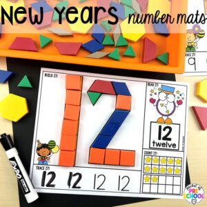 New years number pattern block mats plus more New Year activities and centers for preschool, pre-k, and kindergarten students.