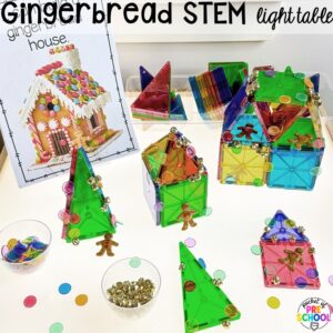 Gingerbread house STEM challenge plus more Christmas and gingerbread light table activities for preschool, pre-k, and kindergarten students. These are perfect for the holidays.