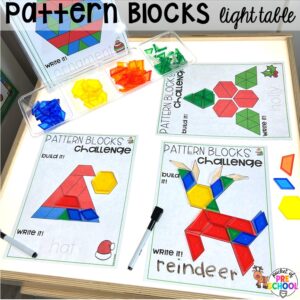 Pattern block mats plus more Christmas and gingerbread light table activities for preschool, pre-k, and kindergarten students. These are perfect for the holidays.