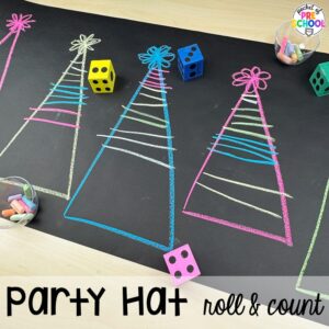 Party hat roll and count plus more New Year activities and centers for preschool, pre-k, and kindergarten students.