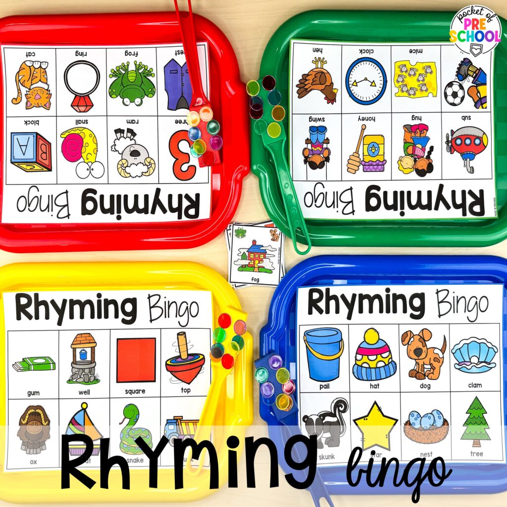 Rhyming bingo plus more rhyming activities for preschool, pre-k, and kindergarten students that are hands-on, engaging, and educational.