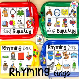 Rhyming bingo plus more rhyming activities for preschool, pre-k, and kindergarten students that are hands-on, engaging, and educational.