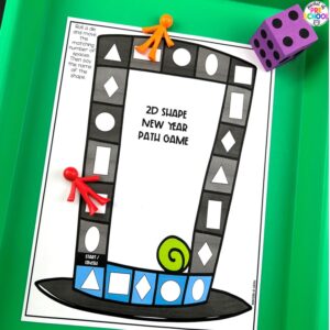 New year 2d shapes path games plus more New Year activities and centers for preschool, pre-k, and kindergarten students.