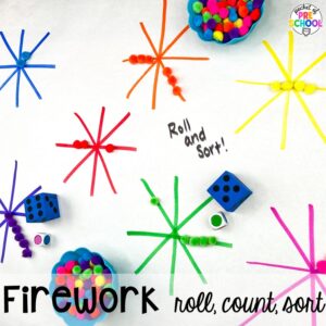 Firework roll, count, and sort and more ideas for winter butcher paper activities for preschool, pre-k, and kindergarten students.