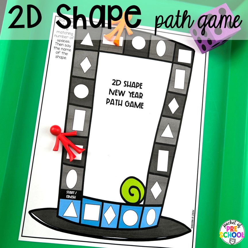2D shape path game plus more New Year activities and centers for preschool, pre-k, and kindergarten students.