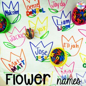 Flower names plus more ideas for your spring butcher paper activities for math, literacy, and writing skills for preschool, pre-k, and kindergarten students.