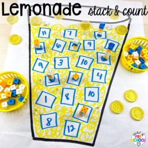 Lemonade stack & count plus more summer butcher paper activities for literacy, math, and fine motor for preschool, pre-k, and kindergarten.