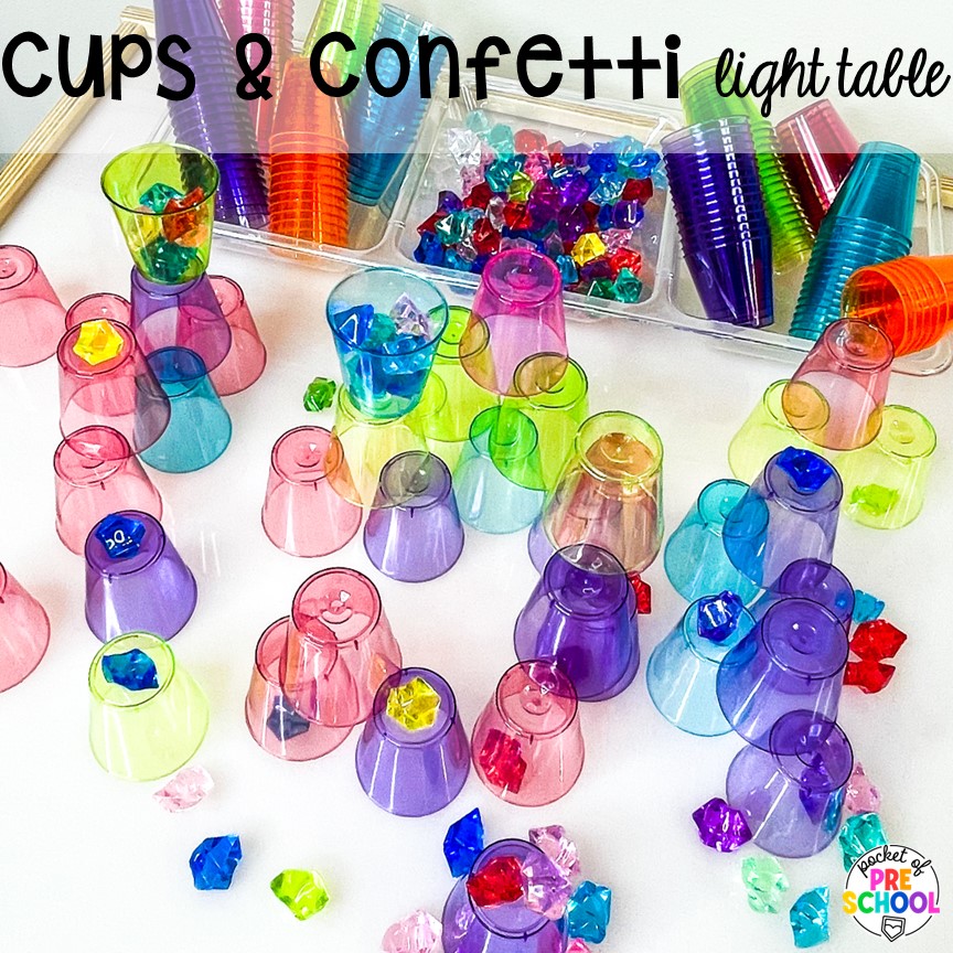 Cups and confetti on the light table plus more New Year activities and centers for preschool, pre-k, and kindergarten students.
