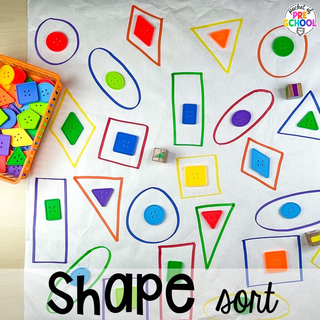 Shape sort plus more math butcher paper activities for preschool, pre-k, and kindergarten students to move and explore while learning.
