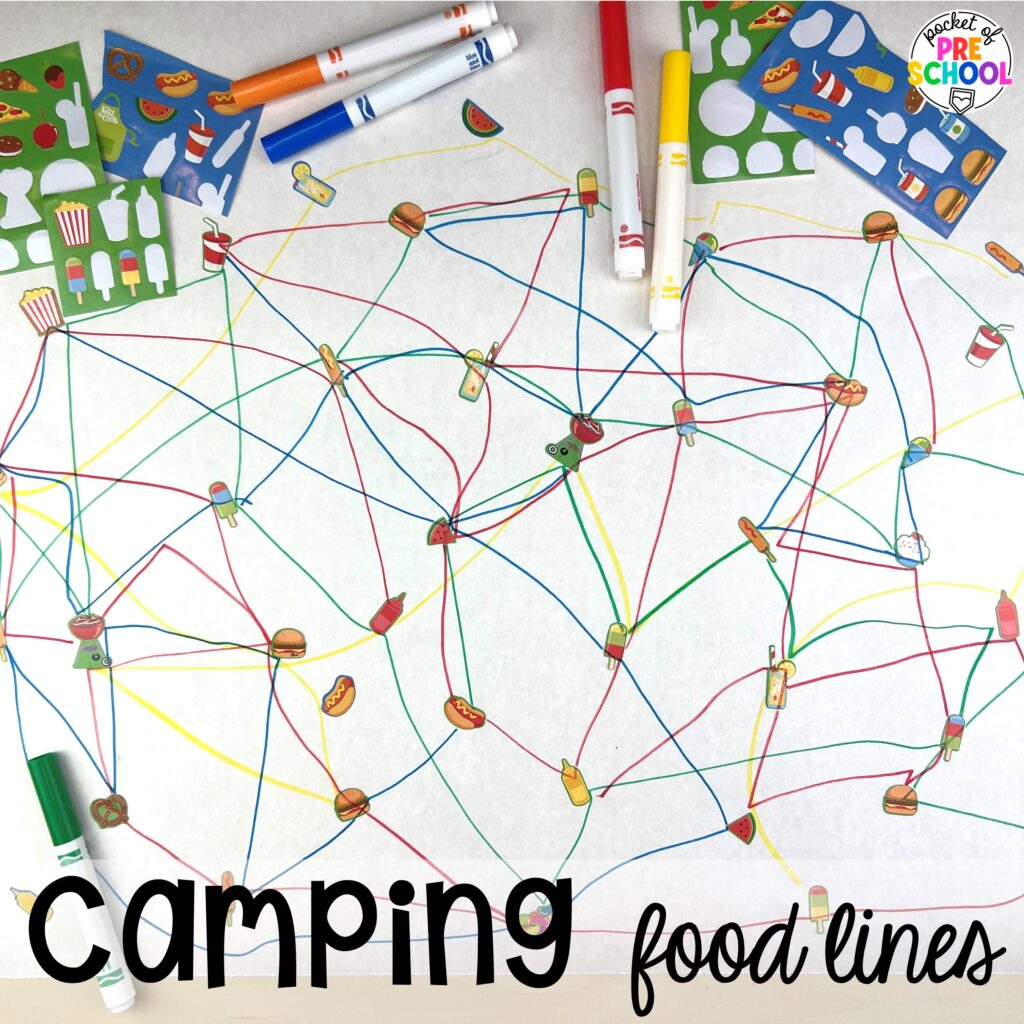 Camping food lines plus more ideas for your spring butcher paper activities for math, literacy, and writing skills for preschool, pre-k, and kindergarten students.
