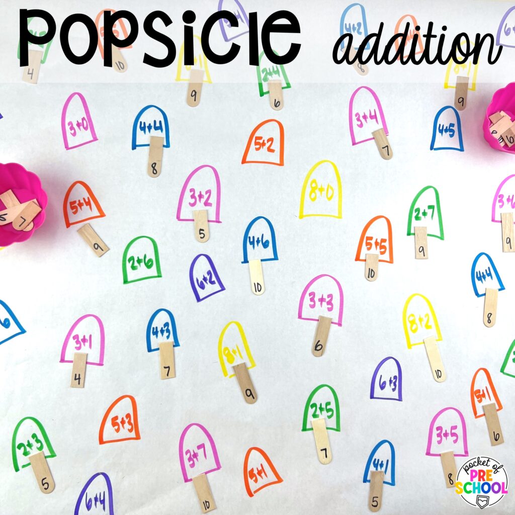 Popsicle addition plus more summer butcher paper activities for literacy, math, and fine motor for preschool, pre-k, and kindergarten.