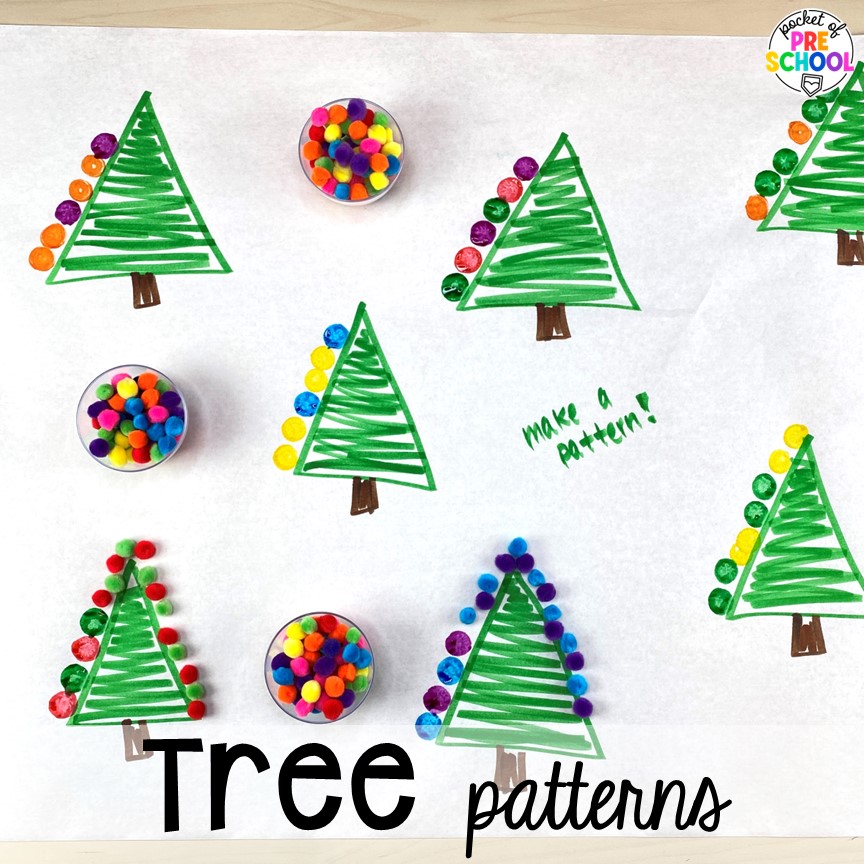 Tree patterns and more ideas for winter butcher paper activities for preschool, pre-k, and kindergarten students.