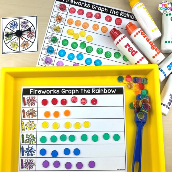 New year fireworks color graphing game plus more New Year activities and centers for preschool, pre-k, and kindergarten students.