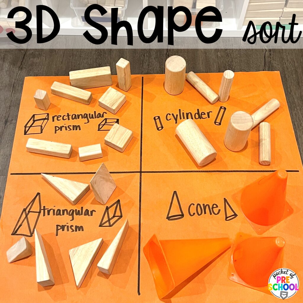 3D shape sort plus more math butcher paper activities for preschool, pre-k, and kindergarten students to move and explore while learning.