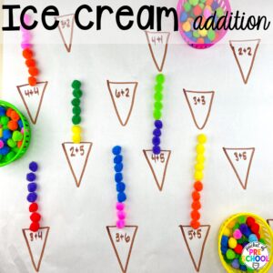 Ice cream addition plus more summer butcher paper activities for literacy, math, and fine motor for preschool, pre-k, and kindergarten.