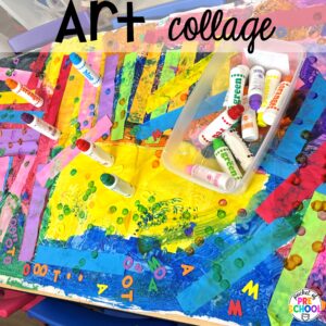Art collage plus more back to school butcher paper activities for preschool, pre-k, and kindergarten students to practice literacy, math, and fine motor skills.